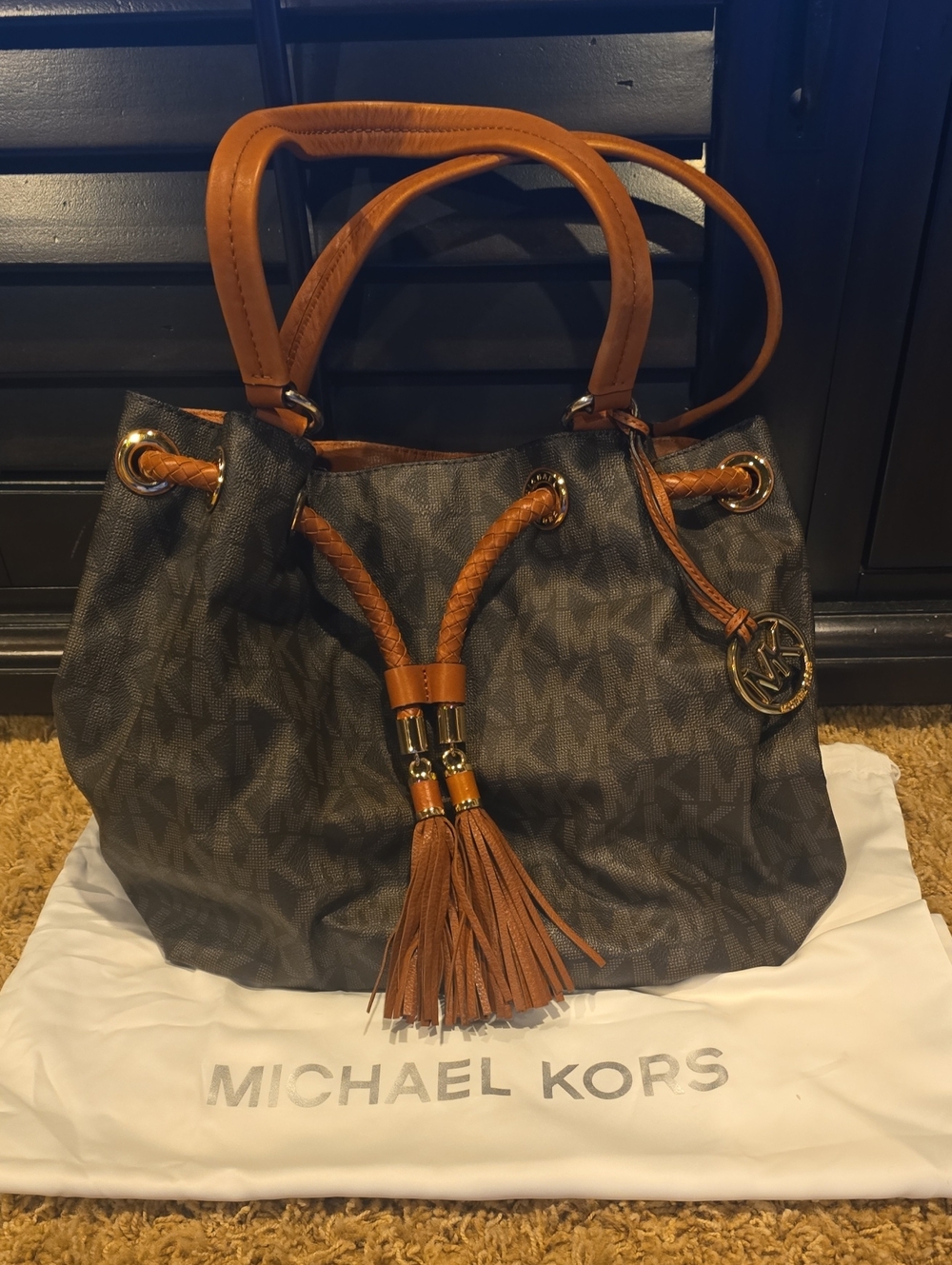 Michael Kors Brown Logo Drawstring Tote with Tassel